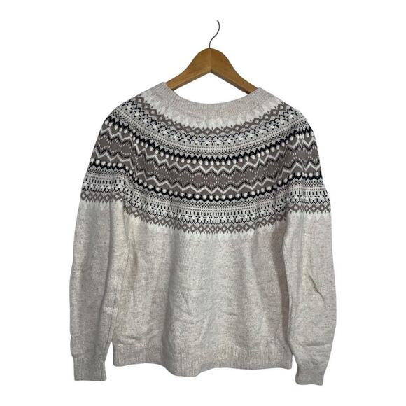 H&M Fair Isle Jacquard Knit Embroidered Cotton Sweater Brown Neutrals Large - Picture 1 of 9